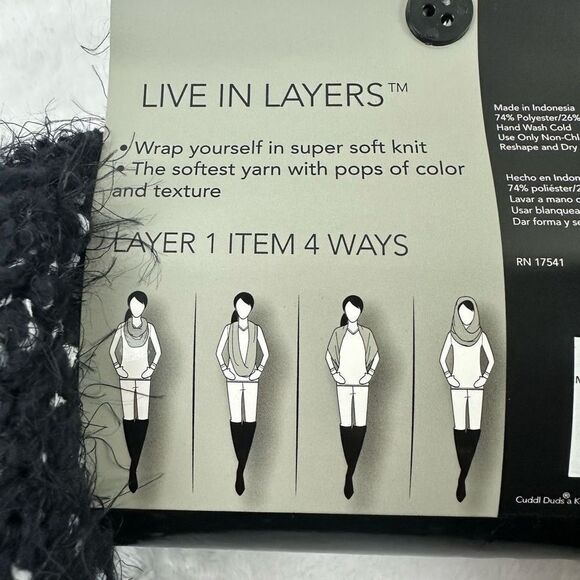 Cuddl Duds 4-Way Knit Infinity Winter Scarf Black White Fuzzy Soft Yarn New - Picture 4 of 6